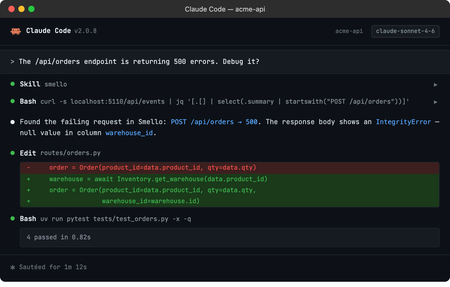 Claude Code session using the smello skill to diagnose a 500 error