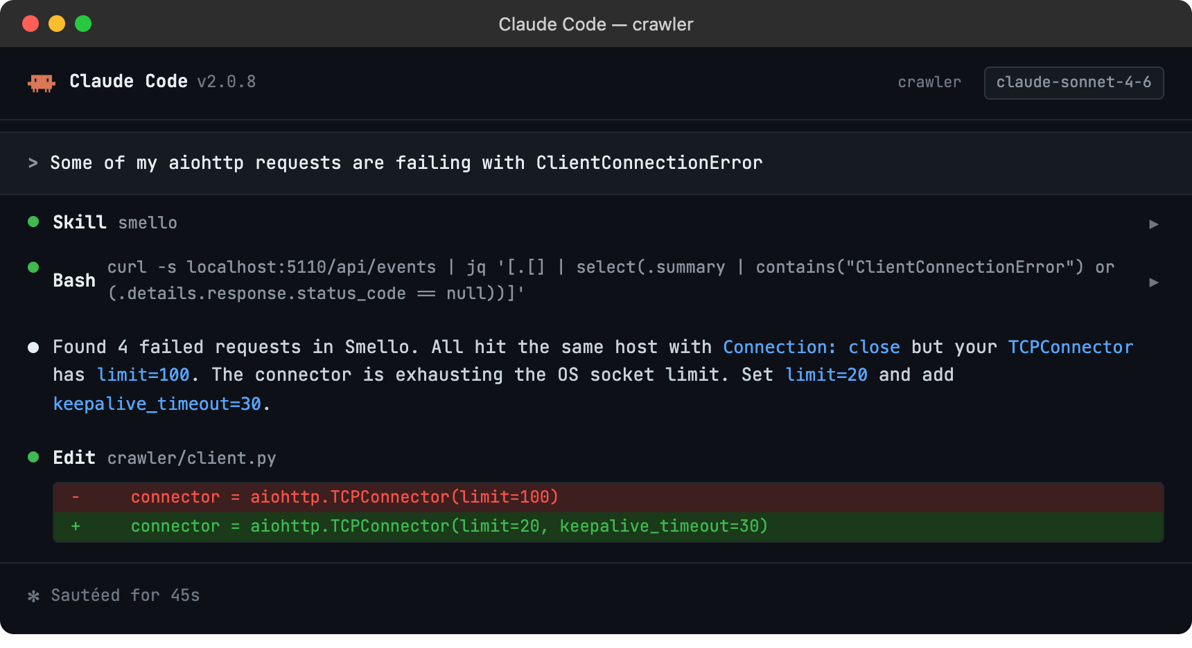 Claude Code session using smello to diagnose aiohttp connection errors