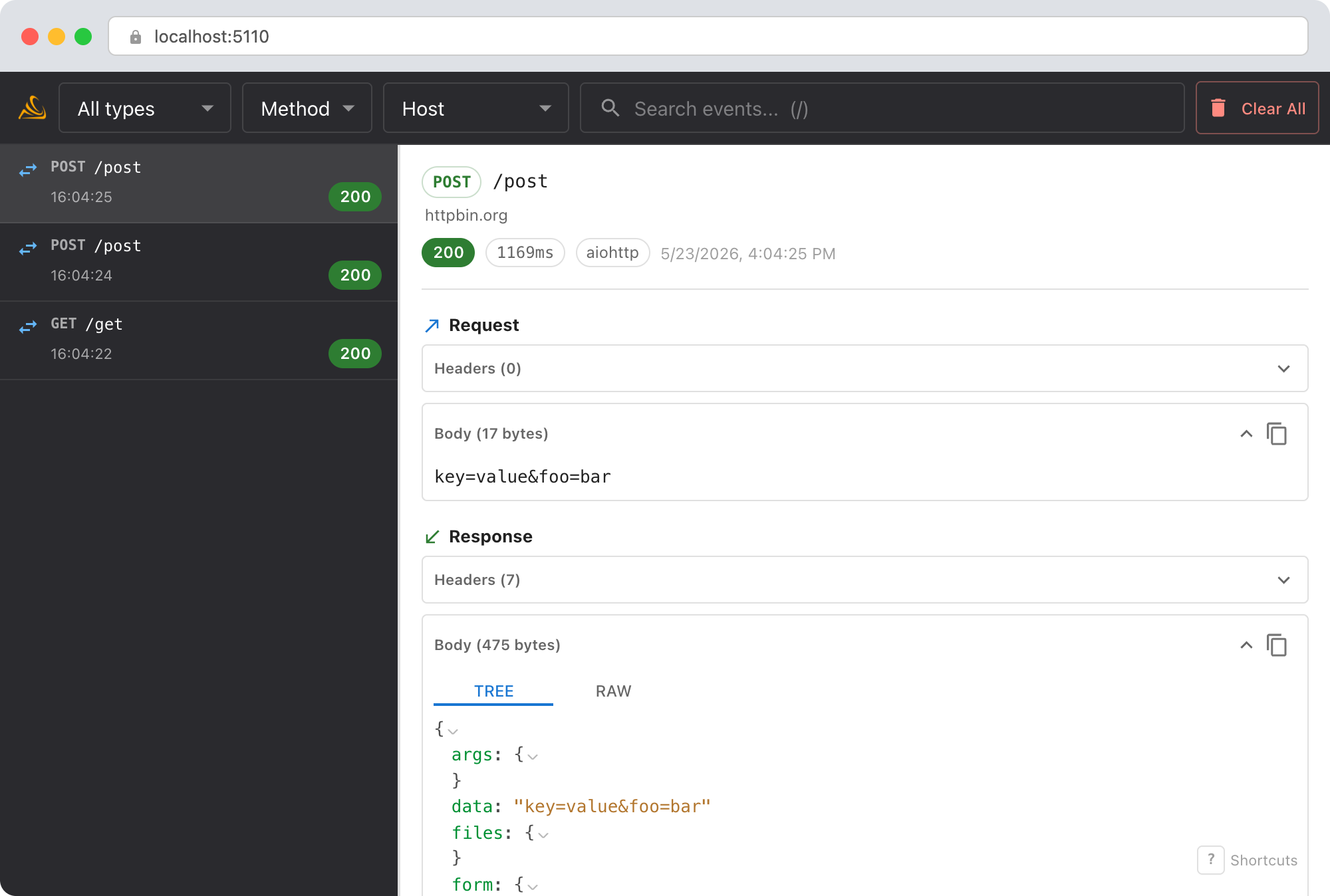 Smello dashboard showing captured aiohttp requests