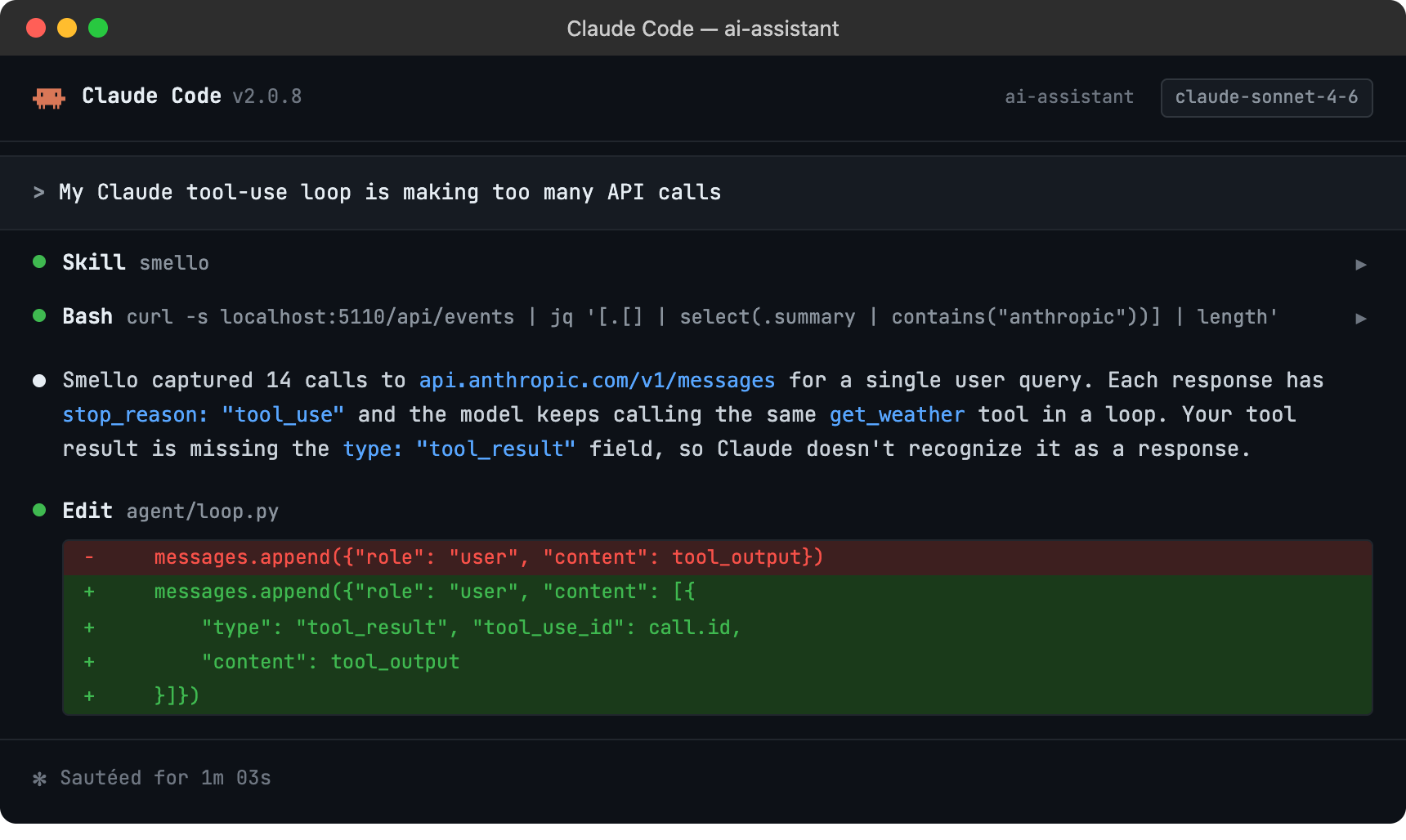 Claude Code session using smello to diagnose excessive API calls