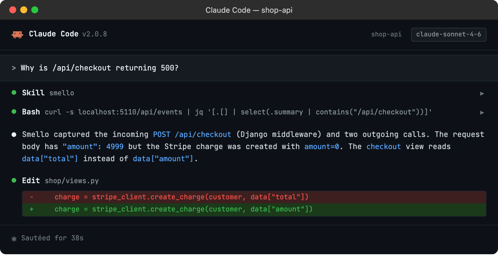 Claude Code session using smello to diagnose the issue