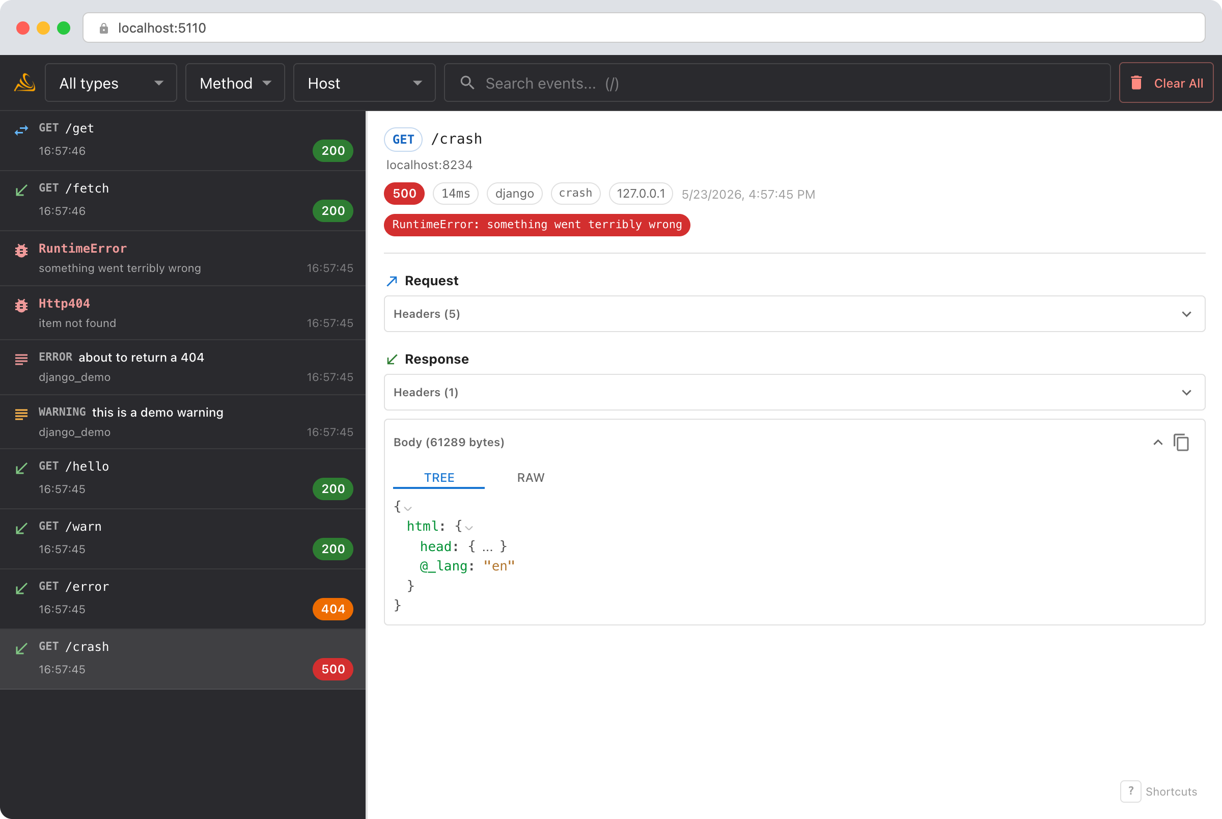 Smello dashboard showing captured Django requests