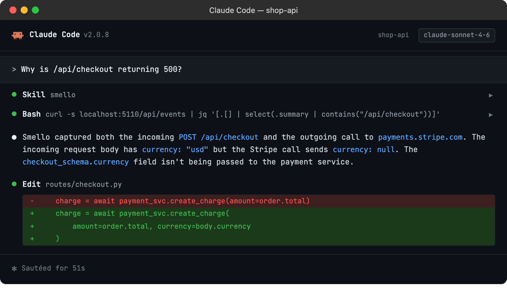 Claude Code session using smello to diagnose a FastAPI 500 error