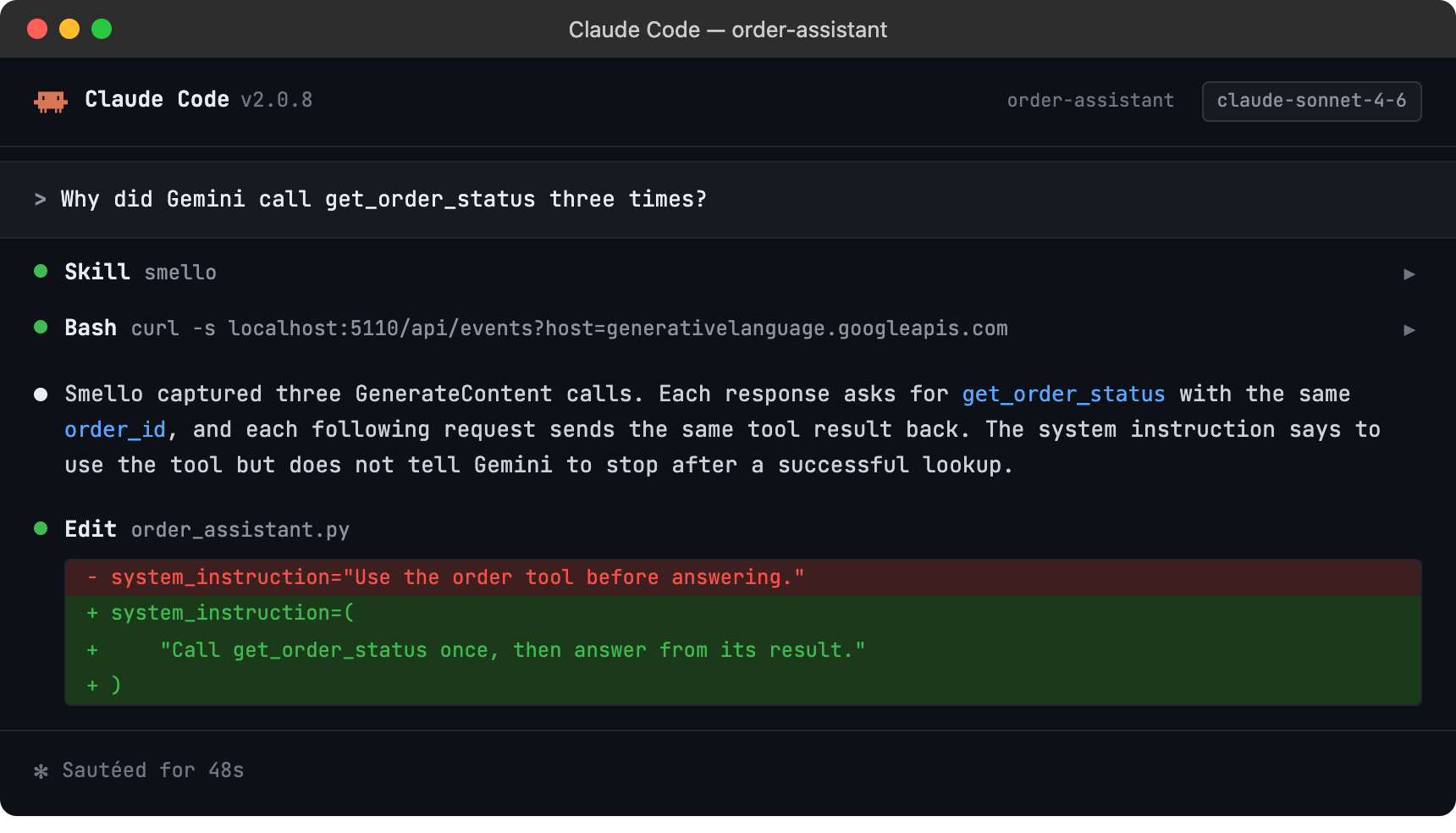 Claude Code session diagnosing repeated Gemini function calls