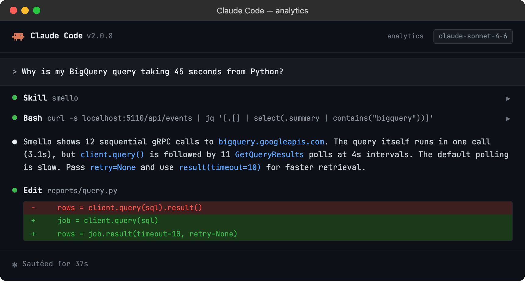 Claude Code session using smello to diagnose slow BigQuery queries