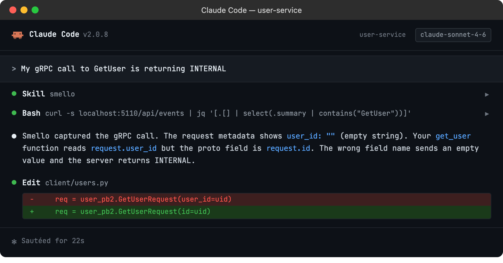 Claude Code session using smello to diagnose a gRPC INTERNAL error