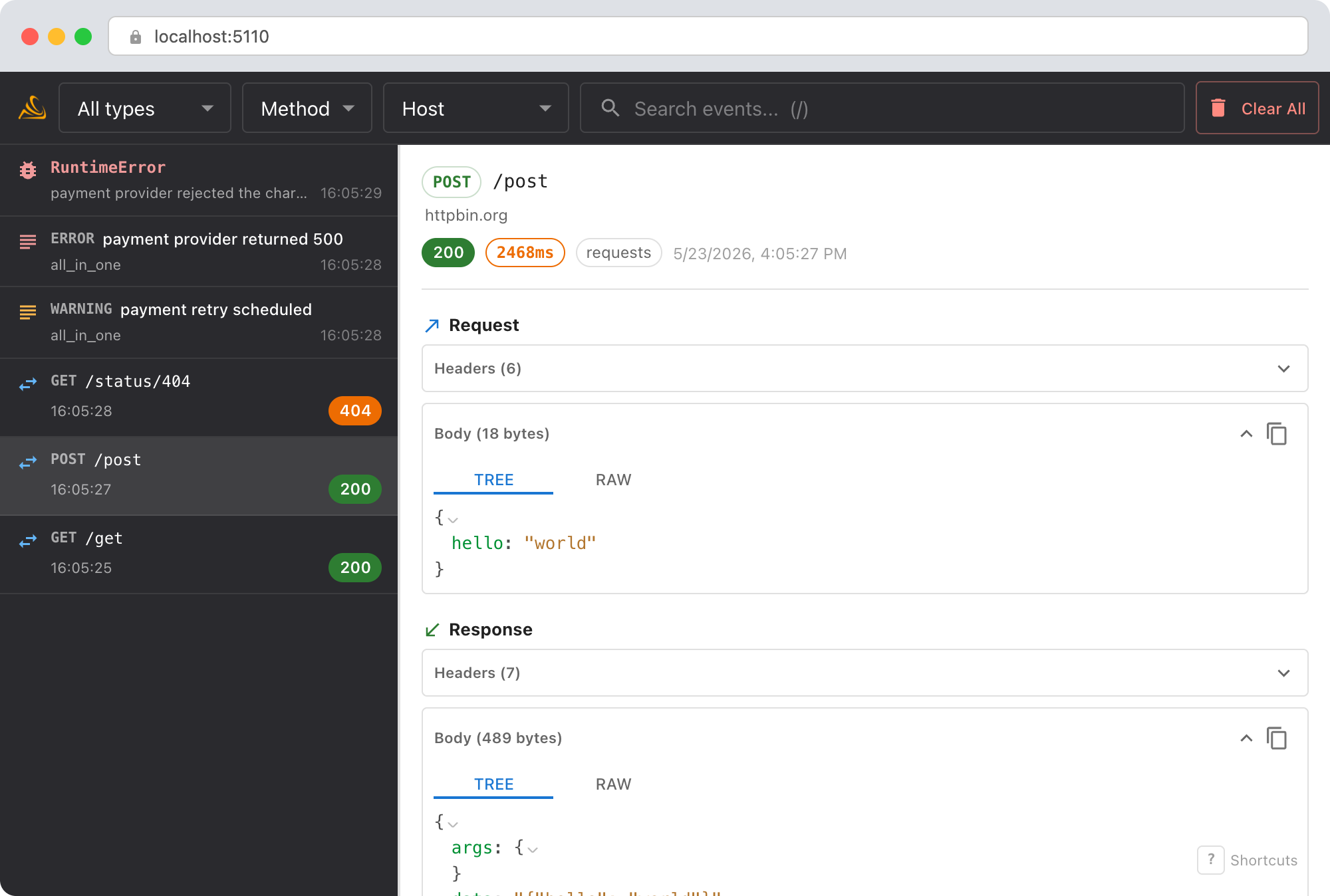 Smello dashboard showing captured gRPC calls