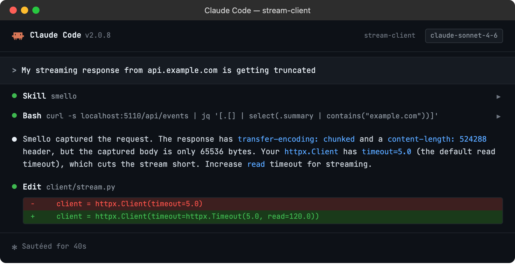 Claude Code session using smello to diagnose truncated streaming responses