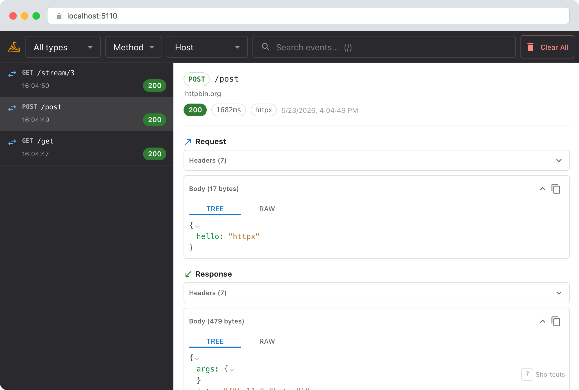 Smello dashboard showing captured httpx requests