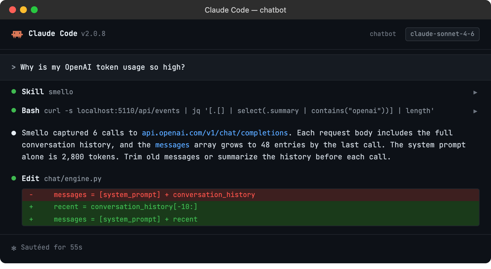 Claude Code session using smello to diagnose high token usage