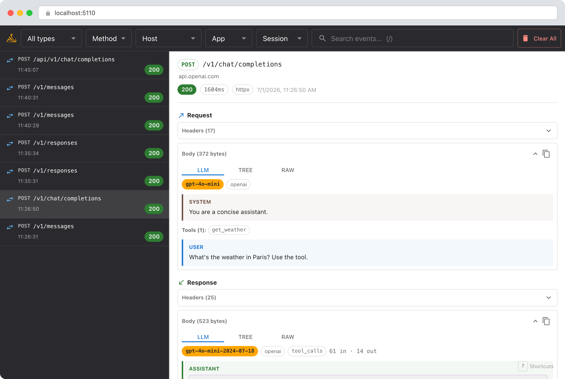 Smello LLM conversation view for an OpenAI chat completion