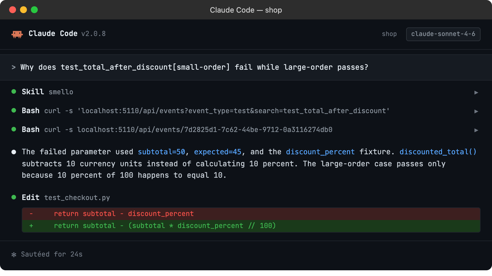 Claude Code session using Smello to diagnose a pytest assertion failure