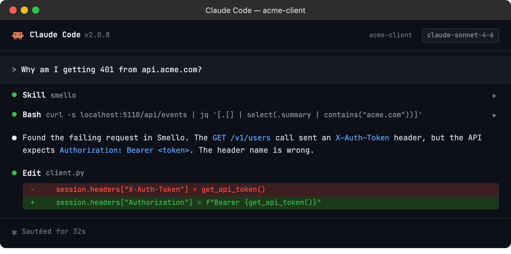 Claude Code session using smello to diagnose a 401 error