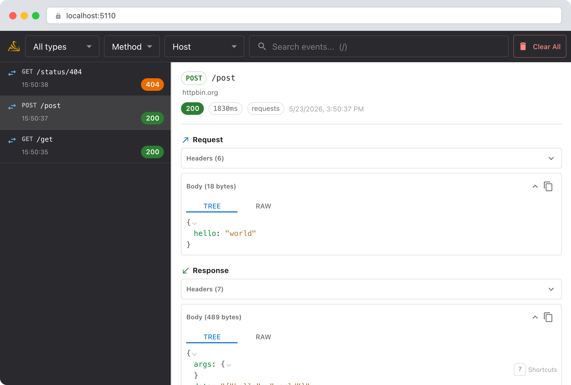 Smello dashboard showing captured HTTP requests