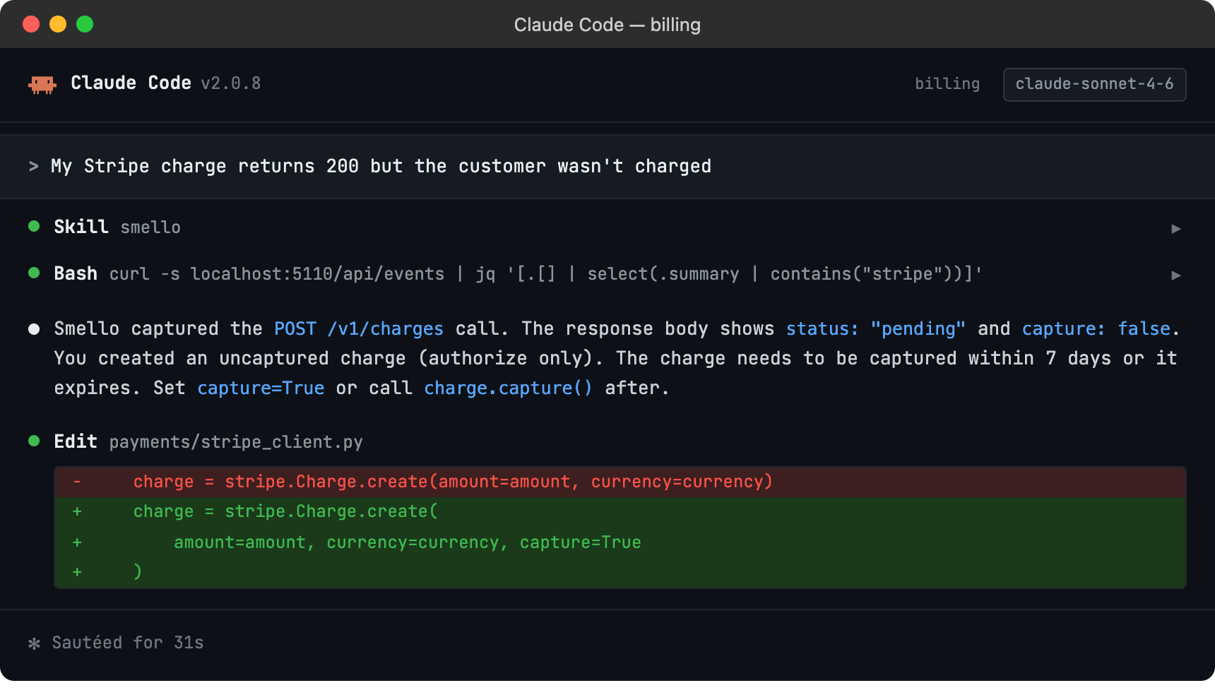 Claude Code session using smello to diagnose a silent payment failure